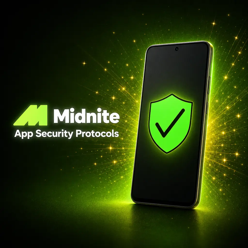 Midnite app security features: 256-bit encryption, biometric login, two-step verification, PCI DSS compliance, and GAMSTOP integration.