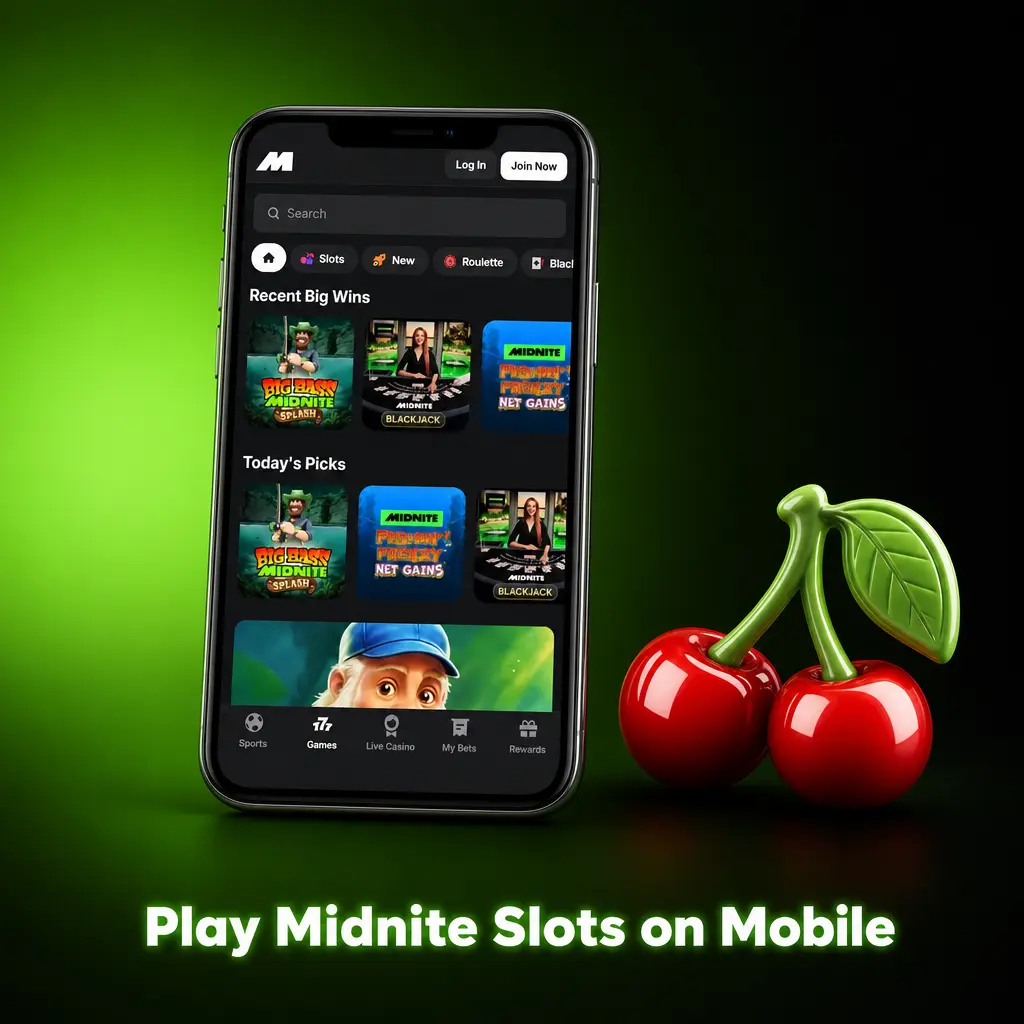 Midnite app screen showing mobile slots lobby with Megaways and Jackpot categories for quick spins on the go